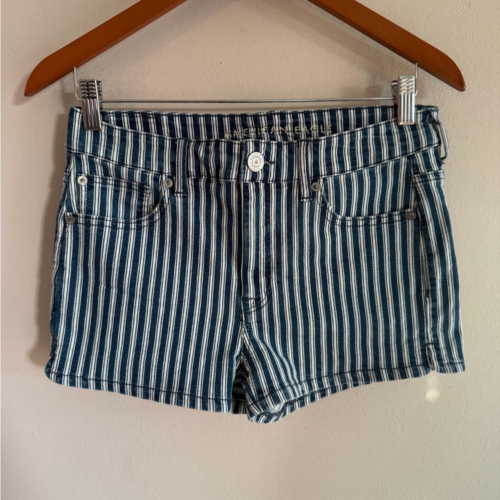American Eagle Outfitters Striped Jean Shorts - Blue and White